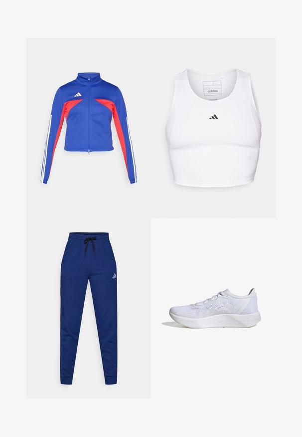 adidas Sportswear TIRO - Træningsjakke - semi lucid blue/pure ruby/white; Hvid atletisk crop top lavet af letvægts, åndbart stof. Har mesh-sider og sort broderet logo på brystet.; Blå bomulds joggers med elastisk talje, justerbar sort snor og et lille hvidt logo på venstre lår. Tæt pasform.; Hvide sportssko med en åndbar mesh-overdel, snørebåndsdesign, polstret krave og en struktureret gummisål for bedre greb.