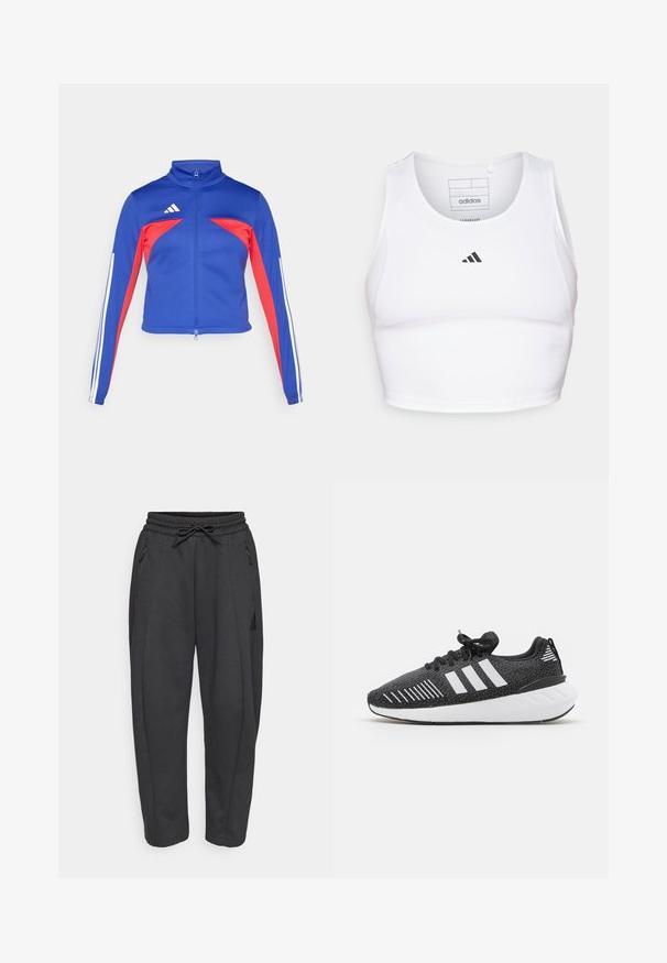 adidas Sportswear TIRO - Træningsjakke - semi lucid blue/pure ruby/white; Hvid atletisk crop top lavet af letvægts, åndbart stof. Har mesh-sider og sort broderet logo på brystet.; Sorte træningsbukser med elastisk talje, snor, sidelommer med lynlås og tapered ben. Fremstillet af et blødt, struktureret stof.; Sorte sportssko med en struktureret overdel, hvidt tre-stribe-design, gummiydersål og kontrasterende hvide detaljer på hælen.