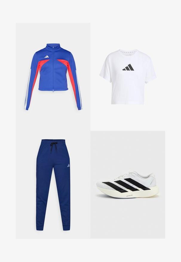 adidas Sportswear TIRO - Træningsjakke - semi lucid blue/pure ruby/white; Hvid cropped t-shirt lavet af bomuld med et sort tre-stribet logo på forsiden, med korte ærmer og rund halsudskæring.; Blå bomulds joggers med elastisk talje, justerbar sort snor og et lille hvidt logo på venstre lår. Tæt pasform.; Hvid løbesko med sort tre-stribet design på siden og tyk hvid sål mærket "Lightstrike Pro" på ensfarvet baggrund.