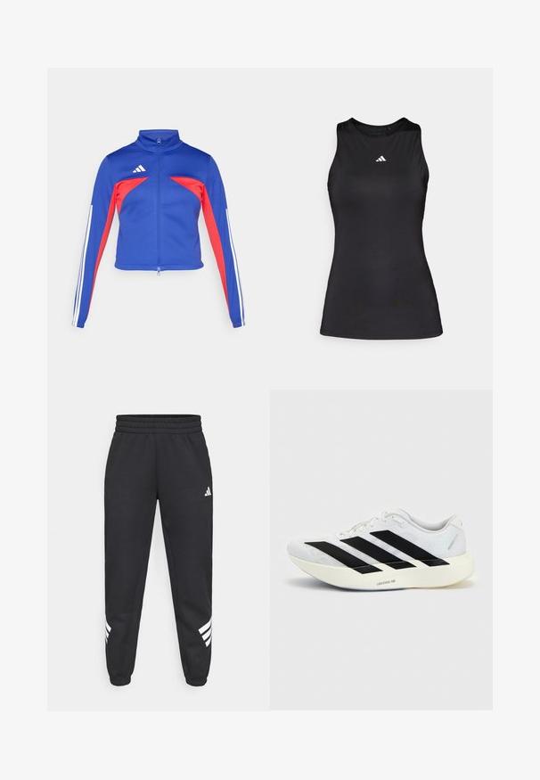 adidas Sportswear TIRO - Tréningová bunda - semi lucid blue/pure ruby/white; Čierny bezrúškový športový top z hladkej látky. Disponuje okrúhlym výstrihom a malým bielym logom Adidas na hrudi.; Čierne tepláky s elastickým pásom, zúženými nohavicami a bielym trojprúžkovým dizajnom po stranách. Vyrobené z mäkkej tkaniny.; Biela bežecká topánka s čiernym dizajnom so tromi pruhmi na boku a hrubou bielou podrážkou označenou "Lightstrike Pro" na jednofarebnom pozadí.