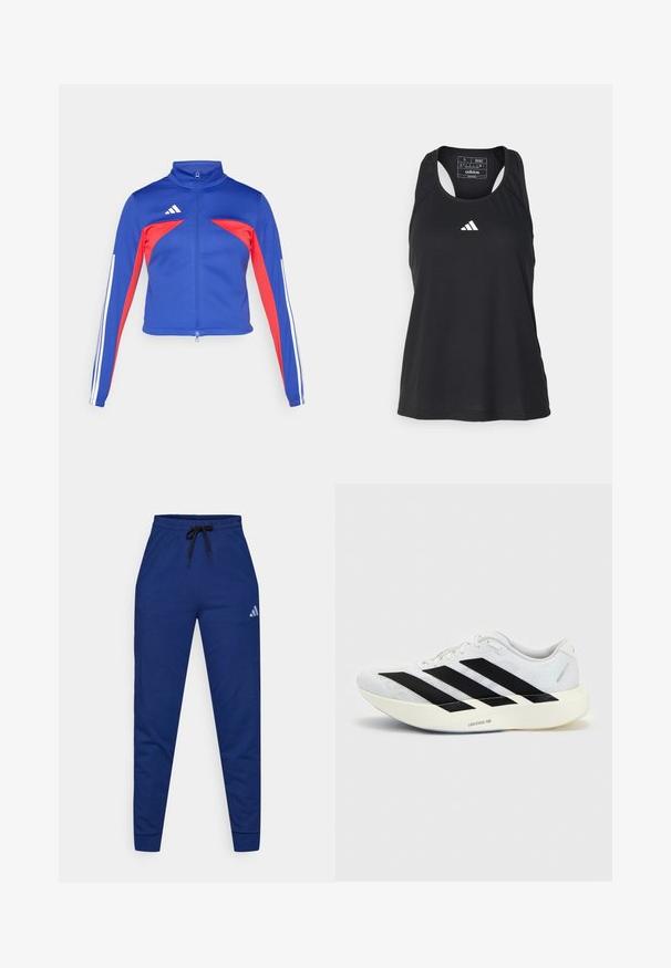 adidas Sportswear TIRO - Trainingsjacke - semi lucid blue/pure ruby/white; Schwarzes ärmelloses Sport-Tanktop mit rundem Ausschnitt und weißem Logo auf der Brust. Hergestellt aus einem glatten, leichten Stoff.; Blaue Baumwoll-Jogginghosen mit elastischem Bund, verstellbarem schwarzen Kordelzug und einem kleinen weißen Logo am linken Oberschenkel. Figurbetonter Schnitt.; Weißer Laufschuh mit schwarzem Drei-Streifen-Design an der Seite und dicker weißer Sohle mit der Aufschrift "Lightstrike Pro" auf einfarbigem Hintergrund.