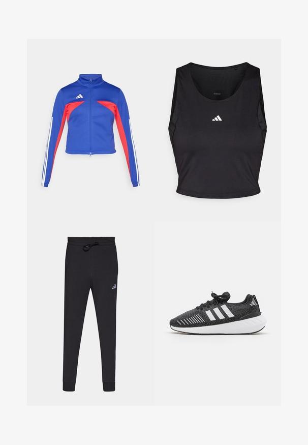 adidas Sportswear TIRO - Træningsjakke - semi lucid blue/pure ruby/white; Sort sports crop top lavet af fugttransporterende stof, med rund hals, ærmeløs design og hvidt logo på brystet.; Sorte atletiske bukser lavet af blødt stof, med elastisk talje, tætsiddende ben og et lille hvidt Adidas-logo på venstre lår.; Sorte sportssko med en struktureret overdel, hvidt tre-stribe-design, gummiydersål og kontrasterende hvide detaljer på hælen.
