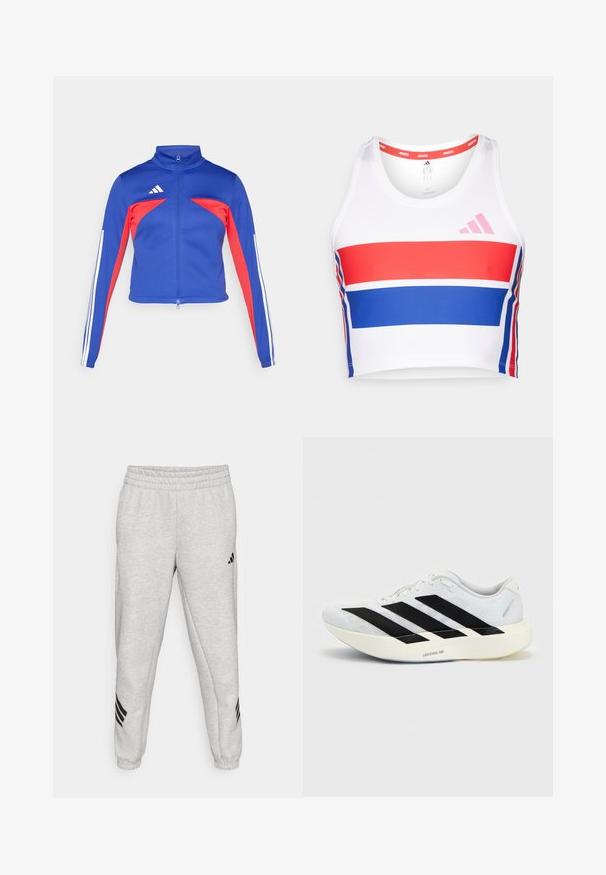 adidas Sportswear TIRO - Træningsjakke - semi lucid blue/pure ruby/white; Kavet atletisk tanktop i hvid med røde og blå vandrette striber. Har pink adidas-logo, rund halsudskæring og glat stoftekstur.; Lys grå sweatpants med et ribbet elastisk taljebånd, tapered ben og tre sorte diagonale striber nær manchetterne. Glat tekstur.; Hvid løbesko med sort tre-stribet design på siden og tyk hvid sål mærket "Lightstrike Pro" på ensfarvet baggrund.