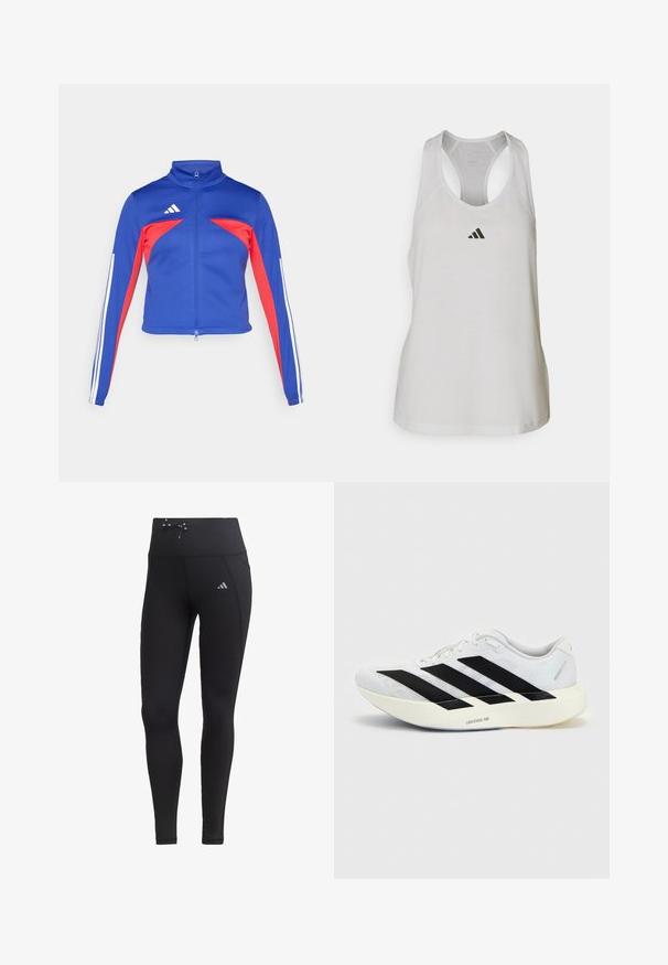 adidas Sportswear TIRO - Spordijakk - semi lucid blue/pure ruby/white; Valge sportlik tank-top, mis on valmistatud kergest kangast, millel on jooksjakraega disain ja väike must logo rinna kohal.; Mustad mustad koos kõrge vöökoht, nöördetail ja küljetaskud. Valmistatud siledast kangast, millel on peegeldav logoaktsent.; Valge jooksujalanõu musta kolme triibu disainiga küljel ja paksu valge tallaga, millel on silt "Lightstrike Pro" ühtlasel taustal.
