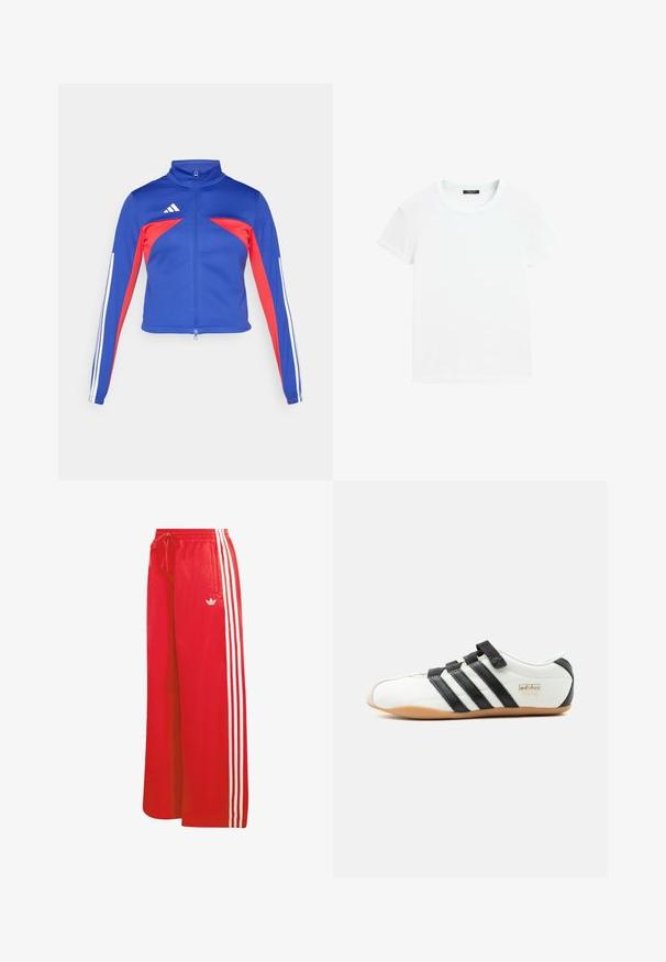 adidas Sportswear TIRO - Veste de survêtement - semi lucid blue/pure ruby/white; T-shirt blanc uni à manches courtes avec un col rond, posé à plat sur un fond blanc.; Pantalon de sport rouge en matériau léger, avec une coupe à jambes larges, une taille élastique, un cordon de serrage et trois bandes blanches de chaque côté.; Baskets Adidas Tokyo blanches avec des bandes noires, des sangles velcro noires et une semelle en gomme, présentées de profil sur un fond blanc.