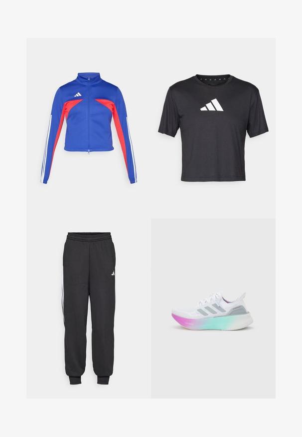 adidas Sportswear TIRO - Veste de survêtement - semi lucid blue/pure ruby/white; T-shirt noir court en tissu lisse, avec un logo Adidas blanc sur la poitrine, un col rond et des manches courtes.; Pantalons de sport noirs avec une taille élastique, des chevilles fuselées et des bandes latérales blanches. Fabriqués en tissu doux avec une texture lisse.; Chaussure de course Adidas blanche avec des bandes grises et une semelle épaisse passant du rose au vert, arborant les textes "Lightboost" et "Ultraboost".