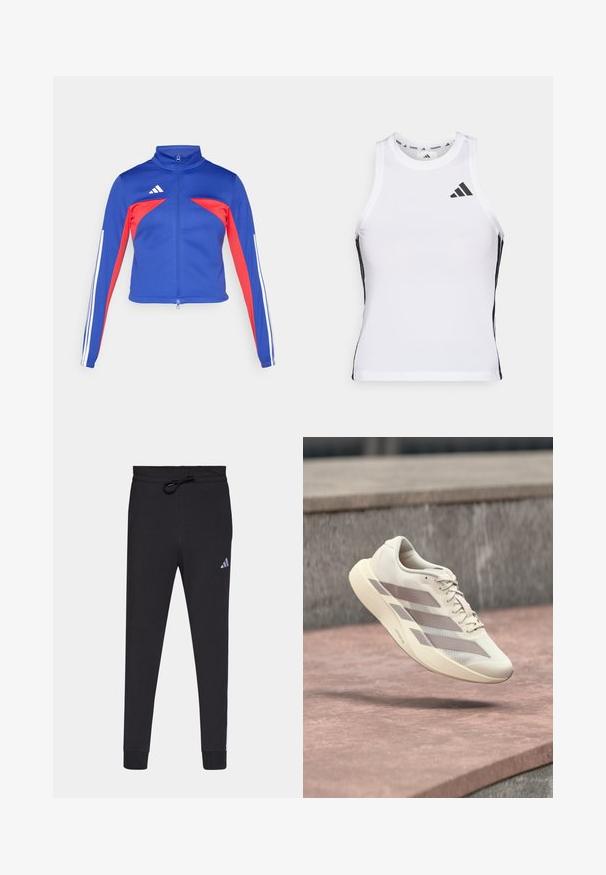 adidas Sportswear TIRO - Trainingsvest - semi lucid blue/pure ruby/white; Witte sportieve tanktop met zwarte zijaccenten en logo. Heeft een ronde halslijn en een getailleerd design, gemaakt van lichtgewicht, ademend materiaal.; Zwarte sportbroek van zacht materiaal, met een tailleband met trekkoord, taps toelopende benen en een klein wit Adidas-logo op de linkerdij.; Roomkleurige hardloopschoen met taupekleurige strepen, zwevend boven een roodbruine betegelde ondergrond en een grijze stenen achtergrond.