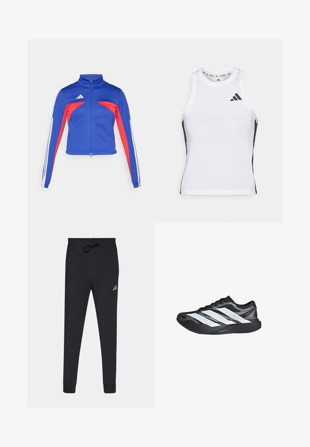 adidas Sportswear TIRO - Chaqueta de entrenamiento - semi lucid blue/pure ruby/white; Camiseta deportiva blanca sin mangas con acentos laterales negros y logotipo. Presenta un escote en forma de scoop y un diseño ajustado, fabricada con material ligero y transpirable.; Pantalones deportivos negros hechos de una tela suave, con cintura elástica y cordón, piernas ajustadas y un pequeño logo blanco de Adidas en el muslo izquierdo.; Zapatilla de correr negra y gris con tres grandes rayas blancas en el lateral y suela gruesa negra etiquetada como "Lightstrike Pro".