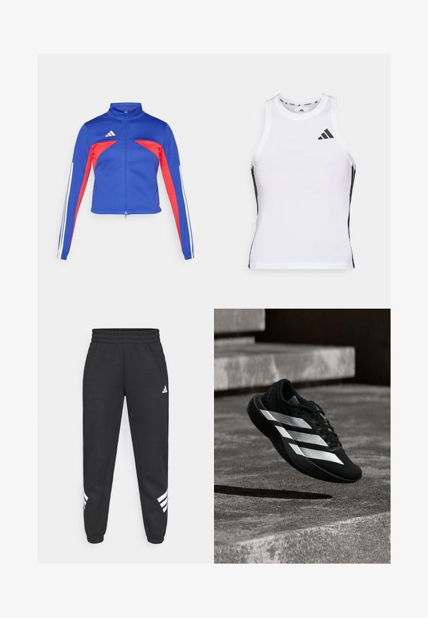 adidas Sportswear TIRO - Trainingsjacke - semi lucid blue/pure ruby/white; Weißes sportliches Tanktop mit schwarzen Seitenakzenten und Logo. Verfügt über einen rund ausgeschnittenen Halsausschnitt und eine figurbetonte Passform, hergestellt aus leichtem, atmungsaktivem Material.; Schwarze Jogginghose mit elastischem Bund, schmal zulaufenden Beinen und weißem Drei-Streifen-Design an den Seiten. Hergestellt aus weichem Material.; Schwarzer Laufschuh mit drei weißen Streifen schwebt in der Luft über Betontreppen und wirft darunter einen Schatten.