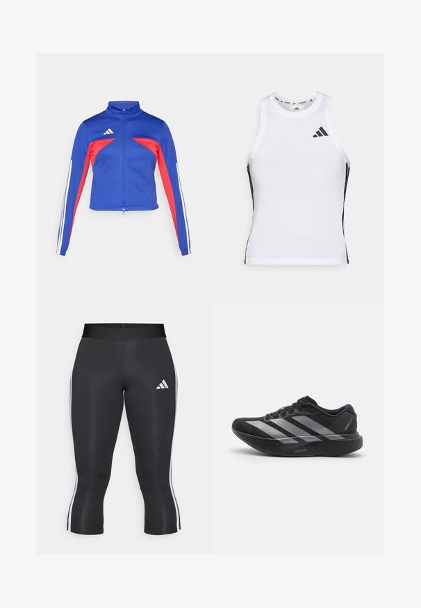 adidas Sportswear TIRO - Veste de survêtement - semi lucid blue/pure ruby/white; Débardeur de sport blanc avec des accents latéraux noirs et un logo. Il présente une encolure arrondie et un design ajusté, fabriqué en matériau léger et respirant.; Leggings capri noirs avec une large taille, présentant des rayures blanches sur les côtés et un logo Adidas blanc sur la cuisse gauche. Texture lisse.; Chaussure de course noire avec des rayures argentées, semelle épaisse rembourrée étiquetée "Lightstrike Pro," vue de côté sur fond blanc.