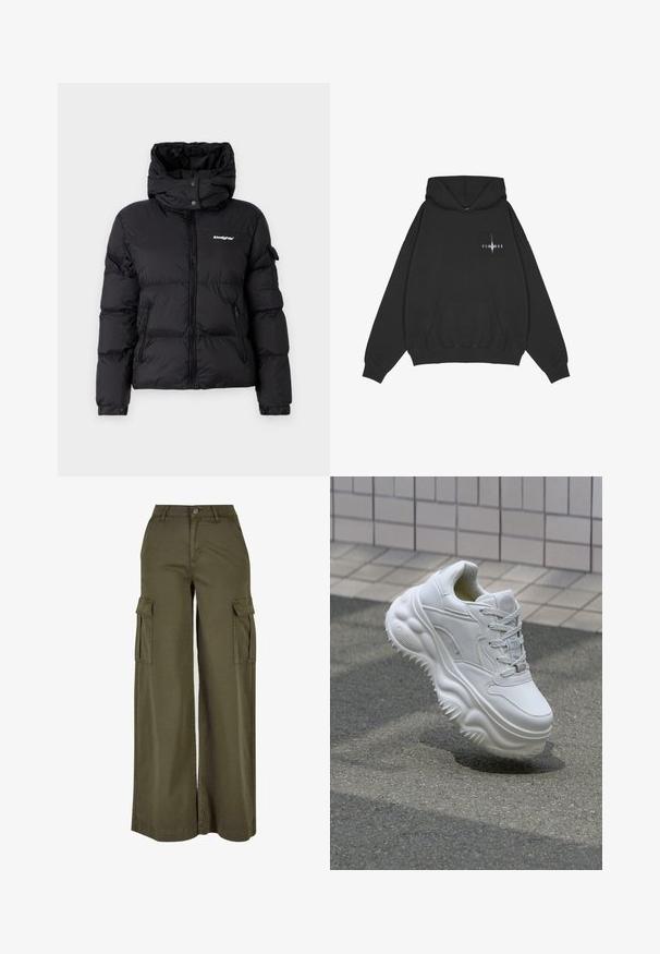Sort pufferjakke med høj krave og hætte. Har lynlås foran, to sidelommer og logo på venstre bryst. Glat tekstur.; Pegador Hættetrøje - washed black; Olivengrønne bredde cargo bukser med to sidelommer, lavet af et blødt, holdbart stof. Har detaljeret syning og en knaplukning.; Hvide lædersneakers med en kraftig sål, teksturerede detaljer og snørelukning. Har formede accenter og en glat finish.