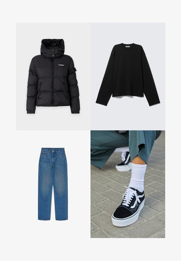 Sort pufferjakke med høj krave og hætte. Har lynlås foran, to sidelommer og logo på venstre bryst. Glat tekstur.; Langærmet sort crewneck-shirt med en afslappet pasform og et Weekday-mærke ved kraven på en ensfarvet lys baggrund.; Blå denim jeans med lige ben, der har fem lommer, knaplukning foran og en diskret falmning på stoffet.; Sorte ruskinds sneakers med hvide accenter og snørebånd, der har en tyk hvid sål og kontrasterende syninger, parret med en hvid sok.