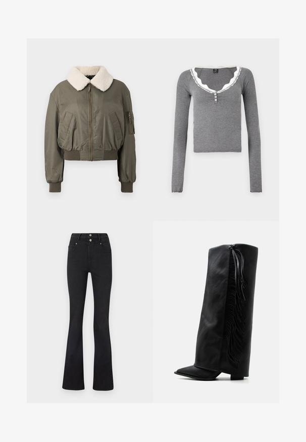 Veste bomber courte en vert olive, avec un col en fourrure blanche, fermeture éclair, poches latérales et poignets côtelés. Texture lisse.; BDG Urban Outfitters DIANA - T-shirt à manches longues - grey; Jean noir taille haute avec des jambes évasées, poches avant, passants de ceinture et deux boutons argentés à la taille.; Botte noire en cuir montante jusqu’au genou avec bout pointu et franges décoratives le long du côté extérieur sur fond blanc uni.