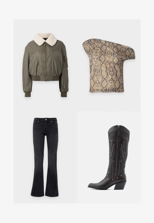 Veste bomber courte en vert olive, avec un col en fourrure blanche, fermeture éclair, poches latérales et poignets côtelés. Texture lisse.; Un morceau de tissu à motif serpent texturé en beige et brun, avec une forme asymétrique, conçu pour un look moderne et unique.; Jean bootcut en denim noir avec bouton avant, fermeture éclair, passants de ceinture et design à cinq poches.; Bottes de cowboy en cuir marron avec surpiqûres en forme de flammes, fermeture éclair latérale, clous argentés, bout pointu et talon superposé.