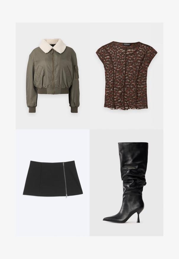 Veste bomber courte en vert olive, avec un col en fourrure blanche, fermeture éclair, poches latérales et poignets côtelés. Texture lisse.; Blouse en dentelle marron à manches courtes avec un petit motif floral et un col rond, étiquette de marque « EVEN&ODD » à l'intérieur du col.; Mini-jupe noire avec une fermeture éclair argentée courant en diagonale sur le côté droit, tissu lisse, ourlet légèrement évasé.; Botte noire en cuir, hauteur genou, avec un design ample, bout pointu et talon aiguille fin, présentant une texture lisse et des accents minimaux.