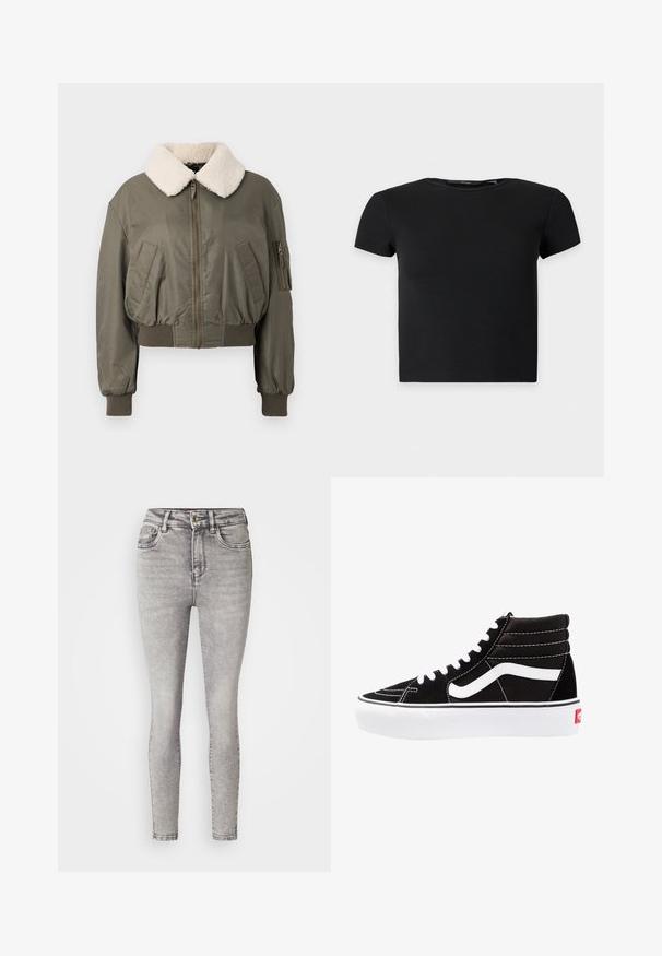 Veste bomber courte en vert olive, avec un col en fourrure blanche, fermeture éclair, poches latérales et poignets côtelés. Texture lisse.; Top court noir à manches courtes en côte avec un col rond, présenté sur un fond clair uni.; Jean skinny gris avec un délavage moyen, taille haute, cinq poches et un léger effet dégradé. Fabriqué en denim avec une texture lisse. Fermeture à bouton.; Baskets montantes noires avec des lacets blancs, un logo blanc et des coutures blanches contrastées. Dotées d'une épaisse semelle blanche et d'un dessus en daim texturé.