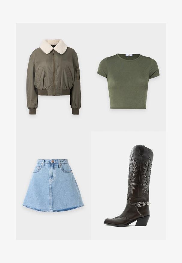 Veste bomber courte en vert olive, avec un col en fourrure blanche, fermeture éclair, poches latérales et poignets côtelés. Texture lisse.; Crop top vert olive à manches courtes avec un col rond, réalisé en tissu texturé, présentant un design ajusté et des coutures minimales.; Jupe en denim en forme A de couleur bleu clair avec un ourlet effiloché, cinq poches et une fermeture à boutons. Présente des garnitures en ton cuivre et des détails de couture subtils.; Botte de cowboy en cuir noir avec découpes décoratives, boucle argentée et talon incliné, présentée sur fond blanc.
