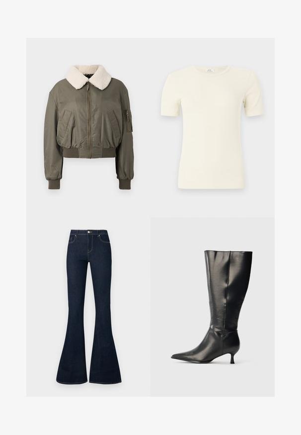 Veste bomber courte en vert olive, avec un col en fourrure blanche, fermeture éclair, poches latérales et poignets côtelés. Texture lisse.; Haut crème à manches courtes côtelé avec col rond et coupe ajustée, présenté sur un fond clair uni.; Jean en denim bleu foncé taille haute avec jambes évasées, bouton et zip à l'avant, et conception à cinq poches.; Botte en cuir noire montant jusqu'au genou, avec un bout pointu et un petit talon bas, présentée sur un fond clair uni.