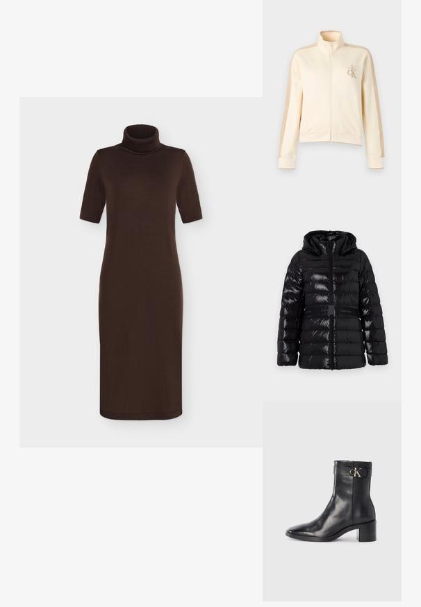 Puffjakke i blank sort med hætte, der har vandrette quiltede linjer og et sort bælte med "Calvin Klein" logoet ved taljen.; Flødefarvet lynlåstrøje med beige sidepaneler, høj krave og broderet logo på brystet. Blødt stof med ribstrikkede ærmekanter og kant.; Mørkebrunt strikket midi-kjole med korte ærmer og høj rullekrave, vist mod en ensfarvet lys baggrund.; Sort læder ankelstøvle med spids tå, blokhæl og en rem med en metallisk logo detalje. Glat tekstur og minimalistisk design.