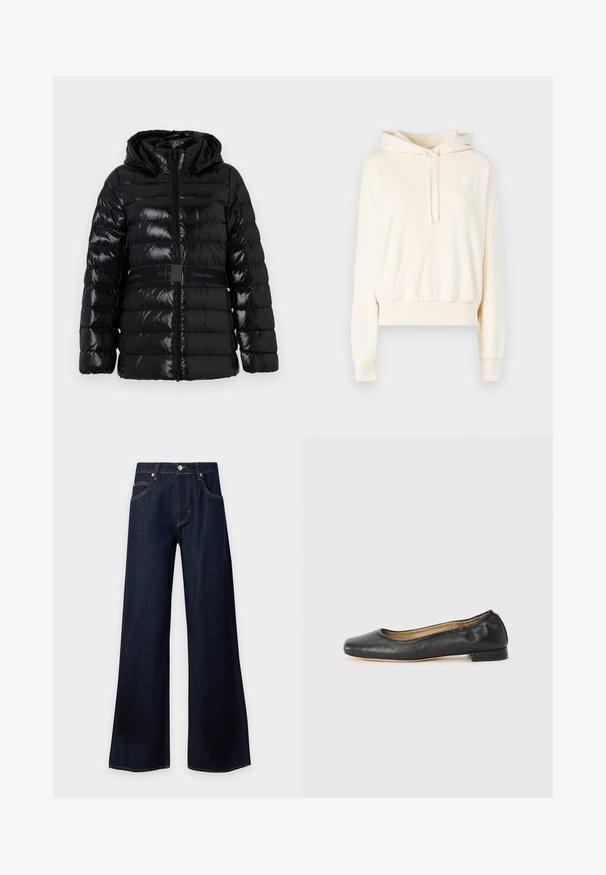 Läikiv must puffjakkk, millel on kapuuts, horisontaalsed tikandid ja must vöö, millel on "Calvin Klein" logo vöökohal.; Kreemist kapuutsiga sviiter, millel on ees kanuupocket, nööriga kapuuts, soonikkoes mansetid ja väike logotükk rinna peal. Pehme kangastekstuuri.; Tumesinised laiade säärtega teksapüksid, ees nööbi- ja lukuga, vööaasad, ees- ja tagataskud.; Mustad nahast baleriinijalatsid ümmarguse varba ja minimaalse õmblusega. Madal, ruudukujuline konts ja sile tekstuur. Diskreetne sisepinna detail.