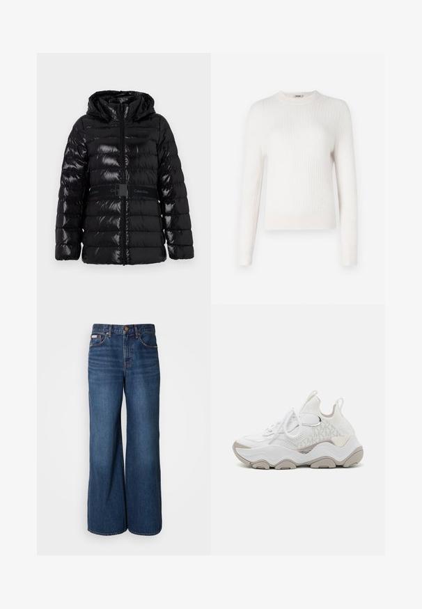 Puffjakke i blank sort med hætte, der har vandrette quiltede linjer og et sort bælte med "Calvin Klein" logoet ved taljen.; Lys cremet ribbet striktrøje med lange ærmer og rund halsudskæring. Blød tekstur og tætsiddende design med kontrasterende manchetter og kant.; Bredde jeans lavet af mørkeblåt denim. Funktioner inkluderer en høj talje, fem lommer og kontrasterende orange syninger langs sømmene.; Hvid sneakers med mesh-overdel, grå accenter, teksturerede detaljer og en kraftig sål. Har snørebånd og en trækflap ved hælen for nem påtagning.
