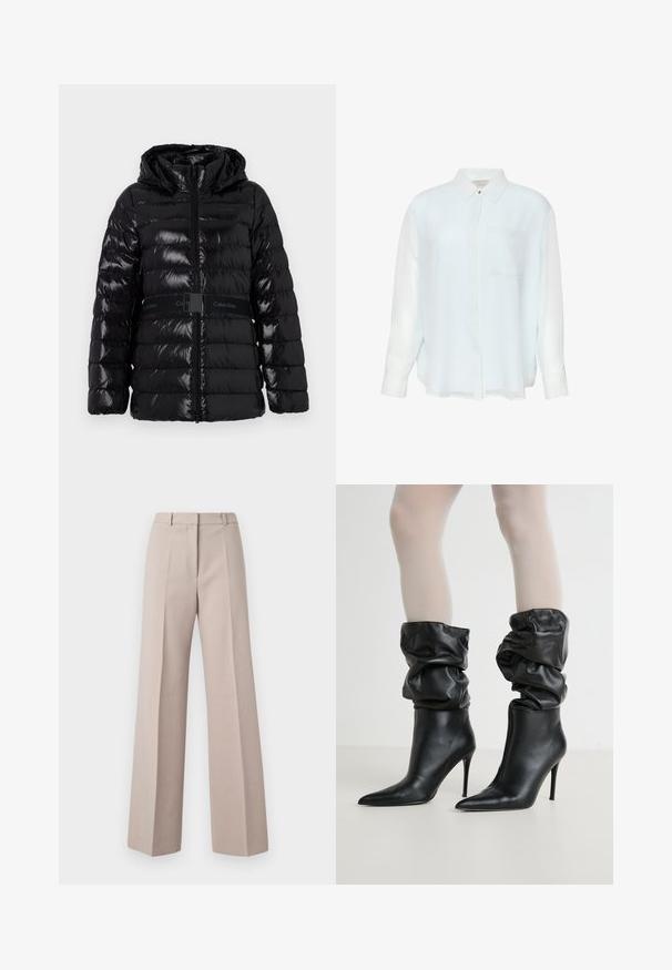 Läikiv must puffjakkk, millel on kapuuts, horisontaalsed tikandid ja must vöö, millel on "Calvin Klein" logo vöökohal.; Hele sinine, pika varrukaga nööbitav särk siledast, läbipaistvast kangast. Omab kraed ja ühe rinnatasku. Vabaaja stiil.; Beige laiad jalad, mis on valmistatud siledast kangast, kõrge vöökohaga, esikortsudega ja kohandatud siluetiga.; Mustadest nahast pahkluükse saapad, millel on lahtine disain, terav ninajoon ja kõrge stilettokand, ning pehme, tekstuuriga viimistlus sääremuus.