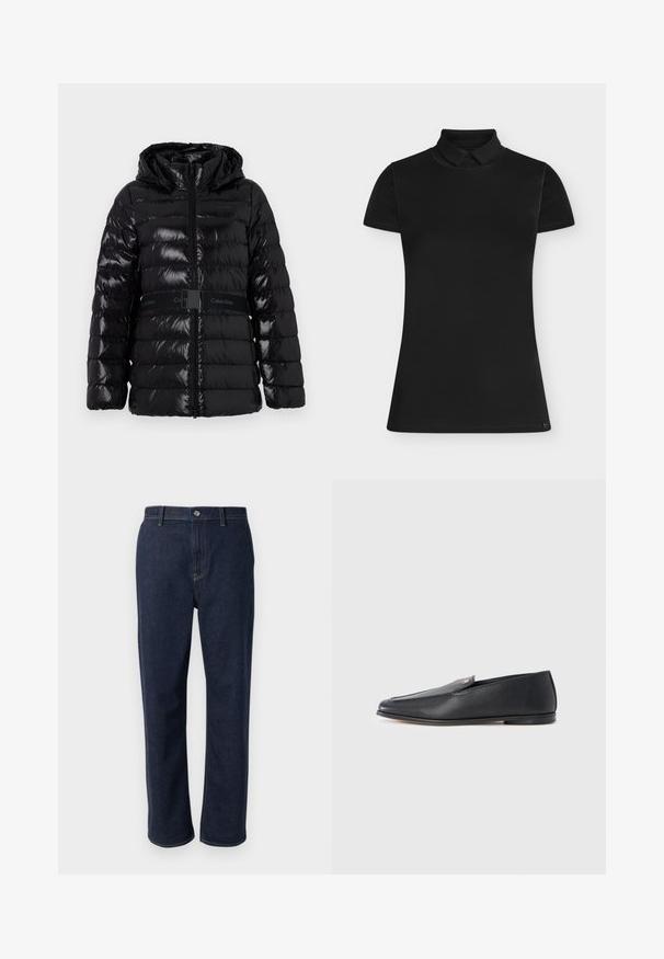 Glanzend zwarte pufferjas met een capuchon, voorzien van horizontaal gestikte lijnen en een zwarte riem met het "Calvin Klein" logo op de taille.; Aansluitend zwart poloshirt met korte mouwen en klassieke kraag, plat neergelegd op een effen lichte achtergrond, zonder zichtbare logo’s of versieringen.; Donkerblauwe denim jeans met een recht lijn ontwerp, voorzien van een ritssluiting, frontzakken en zichtbare stiksels in een contrasterende kleur.; Zwarte leren loafers met een gladde textuur, een afgeronde neus en subtiele stiksel details. Voorzien van een gouden logomerk aan de bovenzijde.