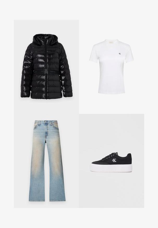 Läikiv must puffjakkk, millel on kapuuts, horisontaalsed tikandid ja must vöö, millel on "Calvin Klein" logo vöökohal.; Valge lühikeste varrukatega T-särk pehmest kangast, ümmarguse kaelusega. Vasakul rinnal on väike must "ck" logo. Klassikaline lõige.; Kõrge vöökohaga hele sinised teksapüksid laiade säärtega, ees nupu ja tõmblukuga ning reite ja puusade pleekinud aladega.; Mustad mustad canvas-sidurikud musta värvi, paksu valge platvormi talla ja metallist silmadega, külgedel brodeeritud logoga. Tasane paelakinnitus.