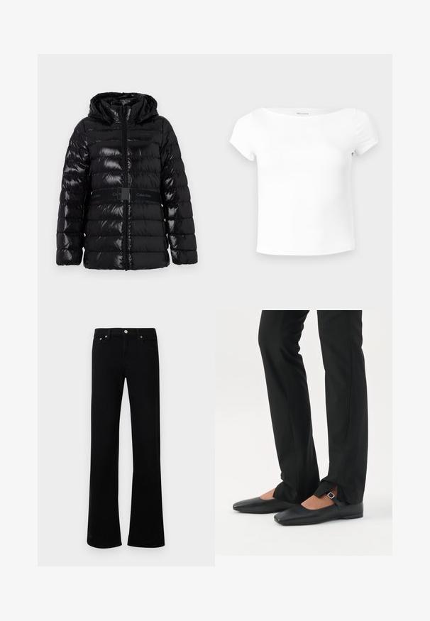 Läikiv must puffjakkk, millel on kapuuts, horisontaalsed tikandid ja must vöö, millel on "Calvin Klein" logo vöökohal.; Valge lühikeste varrukatega naiste lühike topp paadikaelusega, siledast kangast ja Hollisteri brändi sildiga krae sees.; Mustad puuvillasegust lõhikutega teksad, millel on klassikaline viie tasku disain, metallist nööbiga sulgur ja peened õmbluse detailid.; Jalad, mis kannavad mustaid kitsaid pükse esiosal lõhikutega allääres, kombineeritud mustade lameda tallaga Mary Jane kingadega, millel on väike pandlakinnitusega rihm.