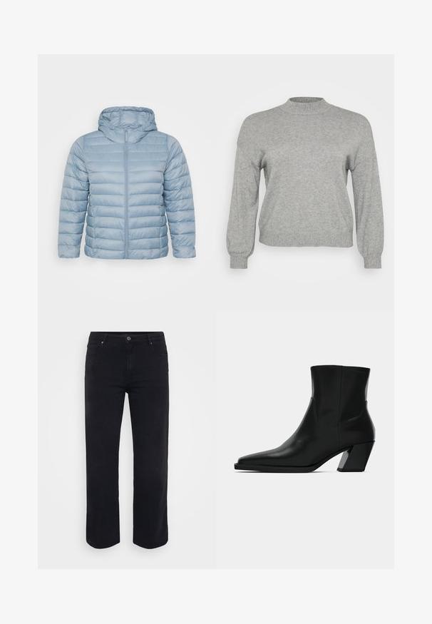 Lyseblå, polstret jakke med hætte. Har horisontale quiltede sektioner, fuld lynlåslukning og en glat, skinnende stofoverflade.; Lysegrå strikket sweater med lange ærmer, ribbestrikket rund hals, manchetter og kant, præsenteret på en hvid baggrund.; Sorte denimjeans med lige ben-design. Funktioner inkluderer en knaplukning i taljen, bæltestropper og front-/baglommer. Glat tekstur.; Sortlæder ankelstøvle med spids tå, en slank silhuet og en kraftig firkantet hæl. Glat tekstur med minimale stikninger.