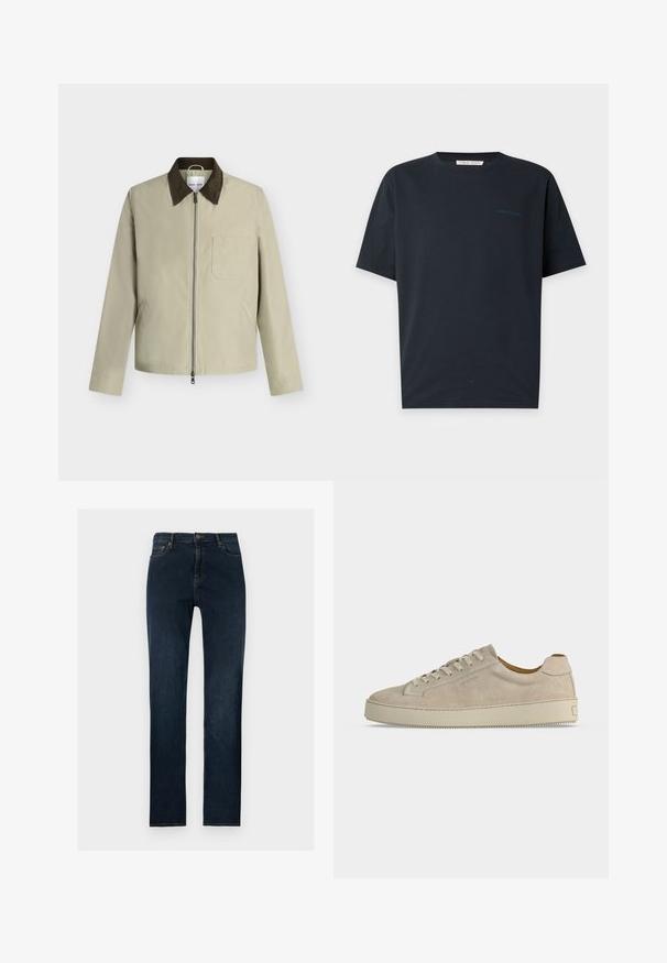 Veste beige avec col marron foncé, fermeture éclair frontale, poche poitrine et deux poches latérales, présentée sur un fond gris clair.; T-shirt noir à manches courtes et col rond avec un petit texte "Tiger of Sweden" bleu foncé sur la poitrine gauche.; Jean en denim bleu foncé coupe droite avec fermeture à boutons et fermeture éclair à l'avant, passants pour ceinture et poches avant sur un fond uni.; Baskets basses beiges en daim avec fermeture lacée et semelle épaisse en caoutchouc, vues de profil sur fond blanc uni.