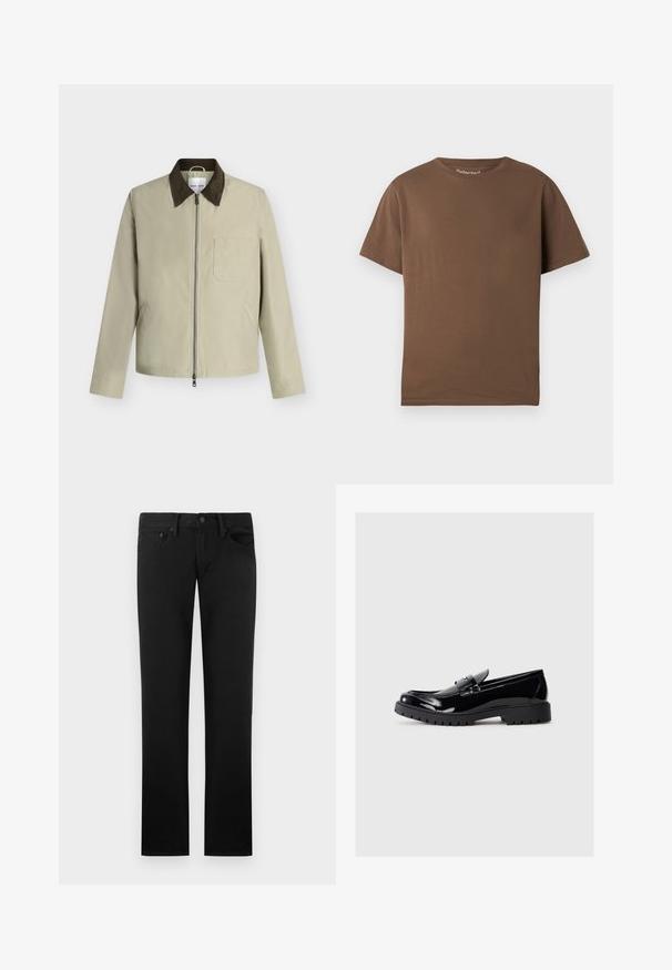 Veste beige avec col marron foncé, fermeture éclair frontale, poche poitrine et deux poches latérales, présentée sur un fond gris clair.; T-shirt en coton marron à coupe décontractée, manches courtes et encolure ronde. Design simple, sans motifs ni accents.; Jeans noirs à jambes droites avec cinq poches, passants pour ceinture et une fermeture à bouton à la taille, présentés sur un fond uni.; Mocassins en cuir verni noir avec un bout arrondi, une sangle décorative et une semelle en caoutchouc épaisse avec des reliefs profonds pour l'adhérence.