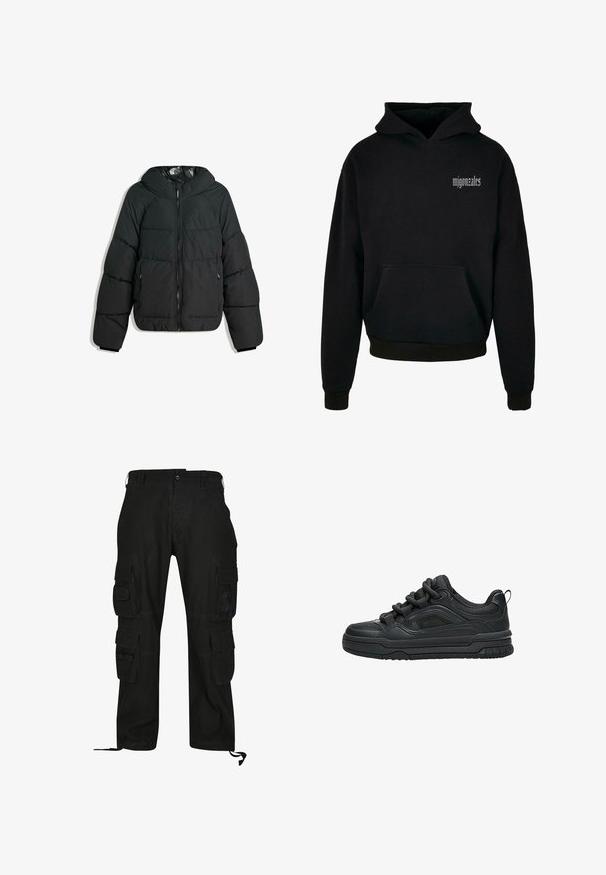 Puffige schwarze Jacke mit Kapuze, mit einem Reißverschluss vorne, elastischen Bündchen und einem glatten, glänzenden Innenfutter. Gestepptes Design für Isolierung.; Schwarzer Kapuzenpullover aus weichem Stoff mit einer Vordertasche, mit einem weißen Logo auf der Brust. Rippbündchen an den Ärmeln und am Saum.; Schwarze Cargo-Hosen aus strapazierfähigem Material, mit mehreren Seitentaschen, lässiger Passform und verstellbaren Fußgelenkriemen.; Schwarzer Low-Top-Sneaker mit dicker Sohle, gepolstertem Kragen, Mesh-Einsätzen und kräftigen Schnürsenkeln, dargestellt vor weißem Hintergrund.