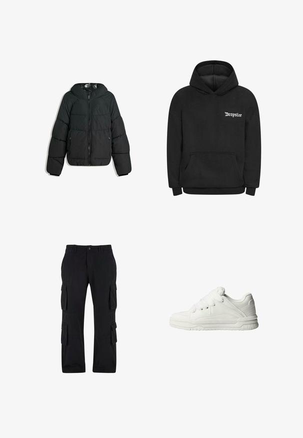 Puffige schwarze Jacke mit Kapuze, mit einem Reißverschluss vorne, elastischen Bündchen und einem glatten, glänzenden Innenfutter. Gestepptes Design für Isolierung.; Schwarzer Hoodie aus weichem Stoff mit einer Fronttasche und einer Kapuze mit Kordelzug. Das "Dropsize"-Logo ist in Weiß im linken Brustbereich aufgedruckt.; Schwarze Cargo-Hosen aus Baumwollstoff mit mehreren Seitentaschen, einer lockeren Passform und einem geraden Bein-Design.; Weiße Sneaker mit glattem Lederobermaterial, gepolstertem Zungenbereich, flachen Schnürsenkeln und strukturierten Akzenten an den Seiten und der Ferse.