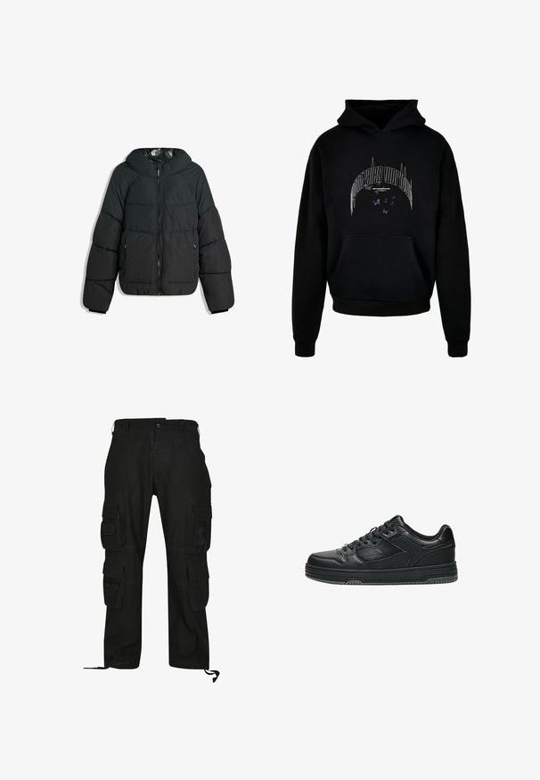 Veste noire rembourrée avec capuche, dotée d'un zip à l'avant, de poignets élastiques et d'une doublure intérieure lisse et brillante. Design matelassé pour l'isolation.; Haut à capuche noir avec un design graphique comportant le texte "métamorphose" et des illustrations de papillons violets. Poche kangourou à l'avant et poignets côtelés.; Pantalons cargo noirs en tissu durable, dotés de plusieurs poches latérales, d'une coupe décontractée et de sangles réglables aux chevilles.; Baskets basses noires avec panneaux en cuir texturé, fermeture à lacets et semelle en caoutchouc, vues de côté sur fond blanc.