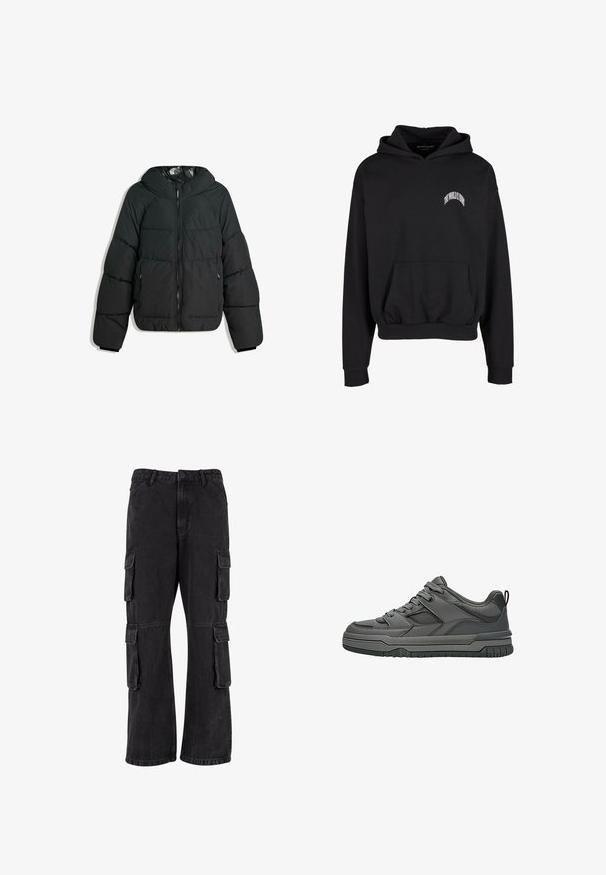 Puffige schwarze Jacke mit Kapuze, mit einem Reißverschluss vorne, elastischen Bündchen und einem glatten, glänzenden Innenfutter. Gestepptes Design für Isolierung.; Schwarzer Hoodie aus Baumwollmischung, mit einer Vordertasche und gerippten Bündchen. "DIE WELT GEHÖRT DIR" in Weiß auf der Brust bedruckt.; Schwarze Cargo-Hosen aus Denim, mit lockerer Passform, mehreren Seitentaschen und genähten Details. Die Textur ist leicht verblasst.; Dunkelgrauer Sneaker mit niedrigem Schaft, Mesh-Einsätzen, dicker Sohle und Schlaufe an der Ferse, im Profil auf weißem Hintergrund gezeigt.