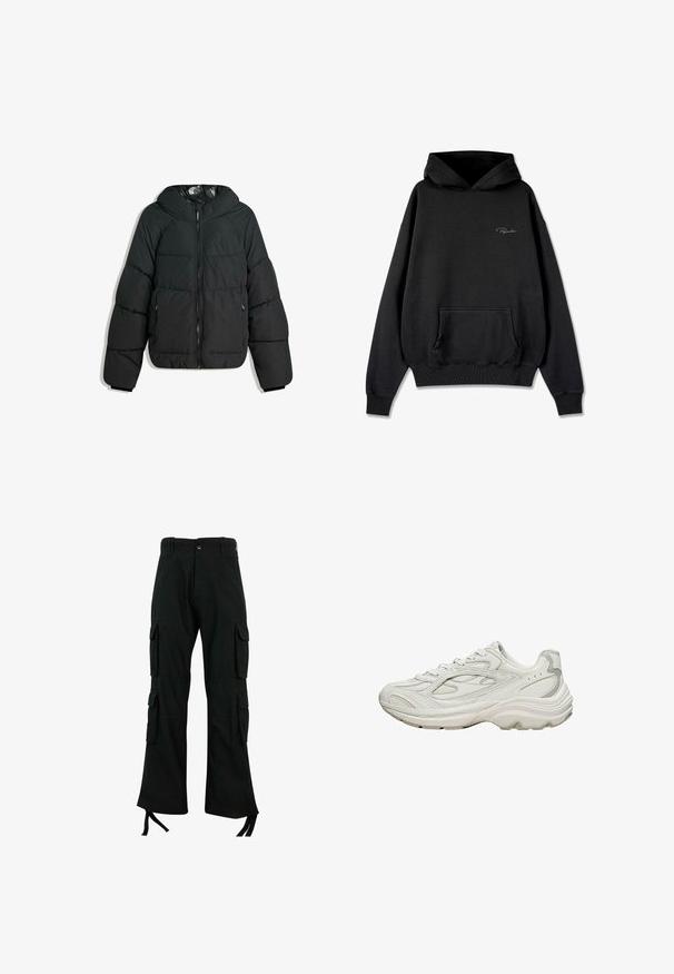 Puffet sort jakke med hætte, med lynlås foran, elastiske manchetter og en glat, blank inderside. Kviltet design for isolering.; Sort pullover hoodie i bomuldsblanding, med en front kangaroo lomme, ribbede manchetter og kant, samt et diskret logo på brystet.; Sorte cargo bukser lavet af holdbart stof har flere sidelommer, et lige ben-design og snøringer i bunden for justerbar pasform.; Hvid sneaker med en tekstureret overdel og en chunky sål. Den har buede linjer, subtile grå accenter og en snørelukning.