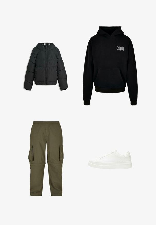 Veste noire rembourrée avec capuche, dotée d'un zip à l'avant, de poignets élastiques et d'une doublure intérieure lisse et brillante. Design matelassé pour l'isolation.; Sweatshirt à capuche noir avec une poche avant, portant le texte blanc "Lost youth" dans le coin supérieur gauche. Matière en mélange de coton.; Pantalon cargo vert olive fabriqué en tissu léger, doté de plusieurs poches latérales, d'une taille élastique et d'une coupe droite.; Baskets blanches avec une tige en cuir lisse, des lacets plats et une semelle en caoutchouc épaisse. Le design minimaliste présente des coutures discrètes et des accents sans couture.