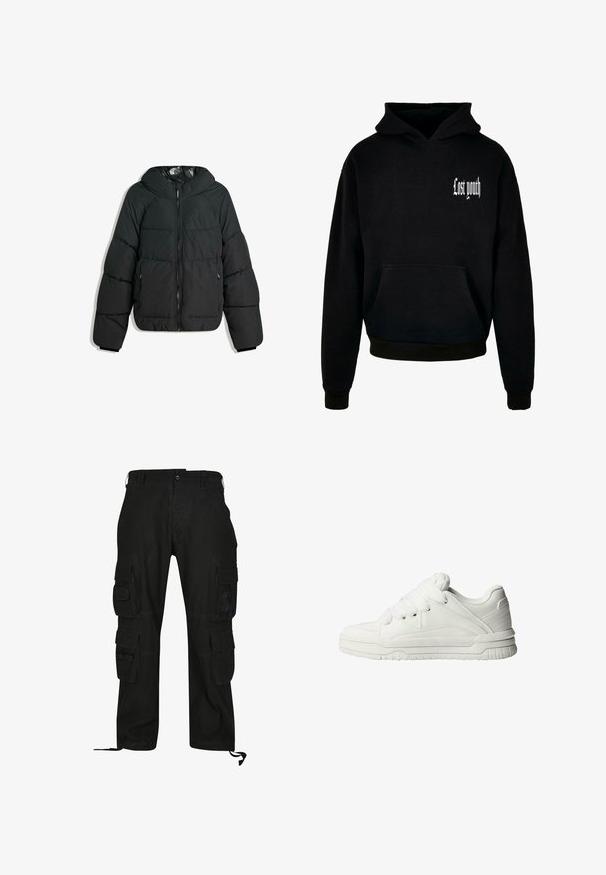 Veste noire rembourrée avec capuche, dotée d'un zip à l'avant, de poignets élastiques et d'une doublure intérieure lisse et brillante. Design matelassé pour l'isolation.; Sweatshirt à capuche noir avec une poche avant, portant le texte blanc "Lost youth" dans le coin supérieur gauche. Matière en mélange de coton.; Pantalons cargo noirs en tissu durable, dotés de plusieurs poches latérales, d'une coupe décontractée et de sangles réglables aux chevilles.; Baskets blanches avec un extérieur en cuir lisse, une languette rembourrée, des lacets plats et des accents texturés sur les côtés et le talon.