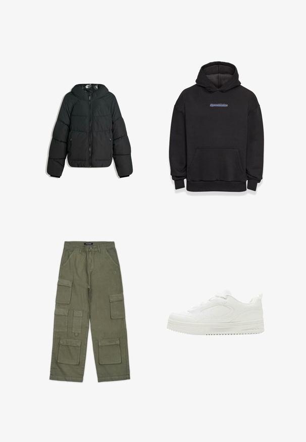 Puffige schwarze Jacke mit Kapuze, mit einem Reißverschluss vorne, elastischen Bündchen und einem glatten, glänzenden Innenfutter. Gestepptes Design für Isolierung.; Schwarzer Kapuzenpullover aus einem Baumwollmischgewebe. Verfügt über eine vordere Tasche und ein Logo in Blau und Rot. Gerippte Bündchen und Saum.; Olivgrüne Cargo-Hosen aus weichem Stoff mit mehreren Taschen, geradem Schnitt und gesteppten Details. Markenlogo am Bund.; Weißer Sneaker mit tief geschnittenem Schaft, dicker Sohle, Schnürung vorne und dezenten, aufgenähten Designdetails auf der glatten Oberseite.