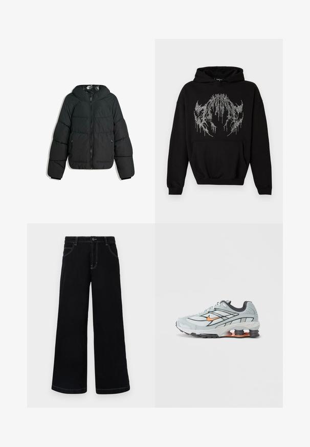 Puffige schwarze Jacke mit Kapuze, mit einem Reißverschluss vorne, elastischen Bündchen und einem glatten, glänzenden Innenfutter. Gestepptes Design für Isolierung.; Schwarzer Hoodie mit silbernem Strassstein-Tropfen-Krallendesign auf der Vorderseite und einer Kängurutasche, dargestellt vor weißem Hintergrund.; Schwarze weit geschnittene Jeanshose aus Denim, mit Knopfverschluss, fünf Taschen und kontrastierendem weißen Nähten entlang der Nähte.; Hellgrauer Laufschuh mit schwarzen Akzenten, orangefarbenem Logo, Mesh-Obermaterial, gepolstertem Schaft und Gummisohle mit sichtbaren stoßdämpfenden Einheiten.