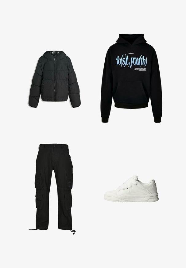 Veste noire rembourrée avec capuche, dotée d'un zip à l'avant, de poignets élastiques et d'une doublure intérieure lisse et brillante. Design matelassé pour l'isolation.; Hoodie noir avec une poche kangourou à l'avant, un capuchon avec cordon de serrage, et un texte graphique en bleu et blanc indiquant "'lo(s)t, you(th) saison un printemps, été 2023."; Pantalons cargo noirs en tissu durable, dotés de plusieurs poches latérales, d'une coupe décontractée et de sangles réglables aux chevilles.; Baskets blanches avec un extérieur en cuir lisse, une languette rembourrée, des lacets plats et des accents texturés sur les côtés et le talon.