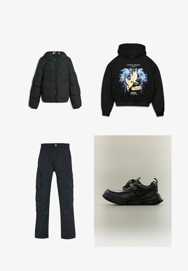 Puffige schwarze Jacke mit Kapuze, mit einem Reißverschluss vorne, elastischen Bündchen und einem glatten, glänzenden Innenfutter. Gestepptes Design für Isolierung.; Schwarzer Kapuzenpullover mit einem grafischen Druck von Tauben vor einem stürmischen blauen Hintergrund mit Blitz. Der Text lautet "VINTAGE DREAMS."; Schwarze Cargo-Hose mit geradem Bein, aus strapazierfähigem Material gefertigt. Verfügt über mehrere Seitentaschen und einen Knopfverschluss.; Schwarzer klobiger Sportschuh mit verstellbarem Riemen, Schnürzug und robustem Profil, seitlich auf neutralem Hintergrund dargestellt.