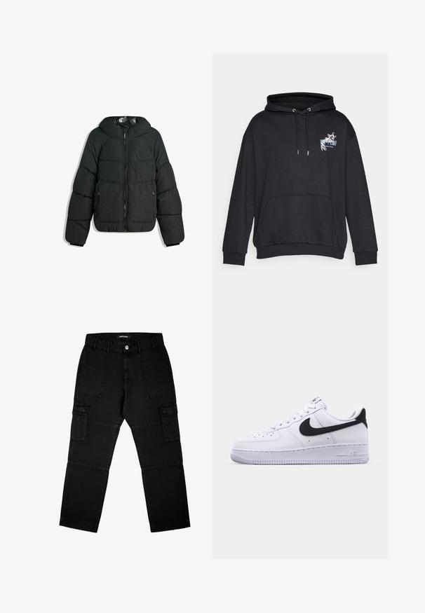 Puffige schwarze Jacke mit Kapuze, mit einem Reißverschluss vorne, elastischen Bündchen und einem glatten, glänzenden Innenfutter. Gestepptes Design für Isolierung.; Schwarzer Hoodie aus weichem Stoff mit Kängurutasche, Kapuze mit Kordelzug und Grafikdruck mit einem Design auf der Brust.; Schwarze Cargo-Hosen aus Denim, ausgestattet mit mehreren Taschen, einem geraden Schnitt und strukturiertem Stoff mit sichtbaren Nähdetails.; Weißes Leder-Sneaker mit einem strukturierten schwarzen Swoosh, flachen Schnürsenkeln und einer Gummisohle mit genoppetem Muster. "AIR" ist auf der Ferse eingeprägt.