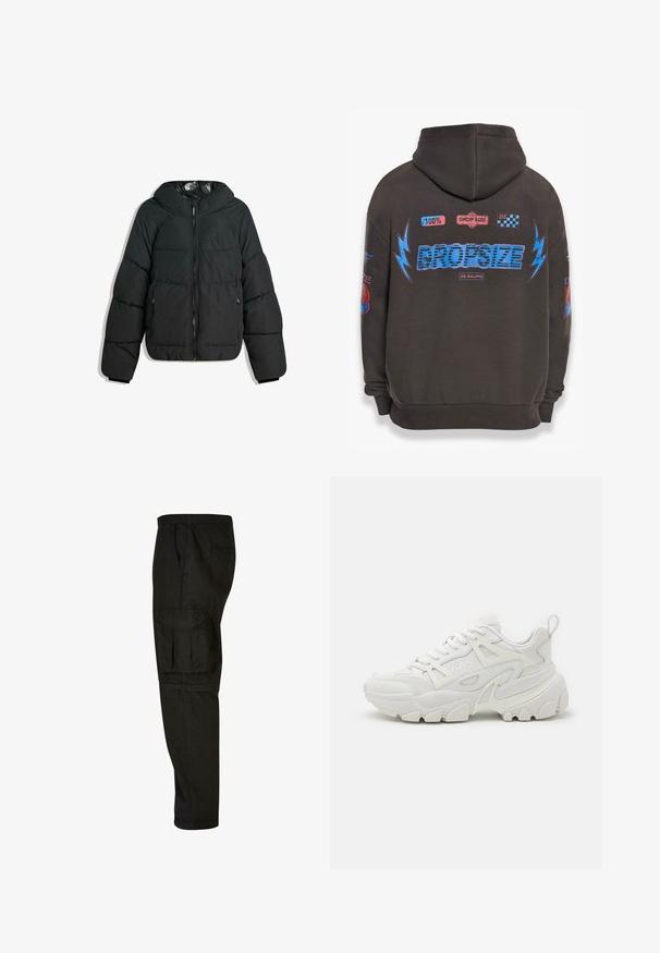 Veste noire rembourrée avec capuche, dotée d'un zip à l'avant, de poignets élastiques et d'une doublure intérieure lisse et brillante. Design matelassé pour l'isolation.; Sweat à capuche gris foncé avec un grand texte bleu "DROPSIZE" et des graphiques colorés. Comprend une capuche, des poignets côtelés et divers patchs imprimés.; Pantalons cargo noirs avec une coupe décontractée, une taille élastique, des poches latérales et une grande poche cargo sur la cuisse. Tissu doux et léger.; Des baskets de sport blanches avec une tige texturée, des panneaux en maille, une semelle en caoutchouc proéminente et des découpes décoratives sur les côtés.