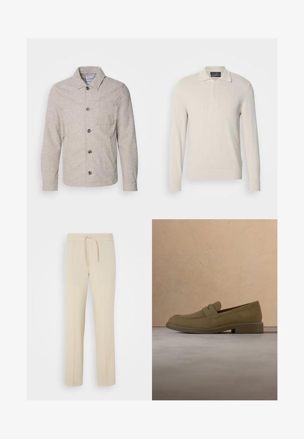 Lindbergh Chaqueta fina - dark sand melange; Suéter de polo de manga larga beige claro en un tejido de punto suave con un acabado texturizado, que cuenta con un cuello clásico y una tapeta de tres botones.; Pantalones beis con cintura elástica y cordón. Presentan piernas rectas y una textura suave, adecuados para el uso casual o para relajarse.; Zapato mocasín de ante marrón flotando sobre una alfombra beige texturizada en una sala de estar con una mesa de café de madera y libros apilados.