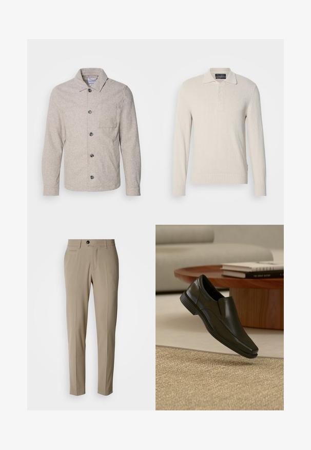 Lindbergh Leichte Jacke - dark sand melange; Hellbeige Langarm-Polo-Pullover aus weichem Strick mit strukturiertem Finish, ausgestattet mit einem klassischen Kragen und einer Drei-Knopf-Leiste.; Beige maßgeschneiderte Hose mit flacher Vorderseite, Seitentaschen, Gürtelschlaufen und einem einzelnen schwarzen Knopfverschluss. Glatte Stofftextur.; Schwarzer Lederslipper schwebt über einem beigen gewebten Teppich, im Hintergrund ein runder Holzcouchtisch und gestapelte Bücher.