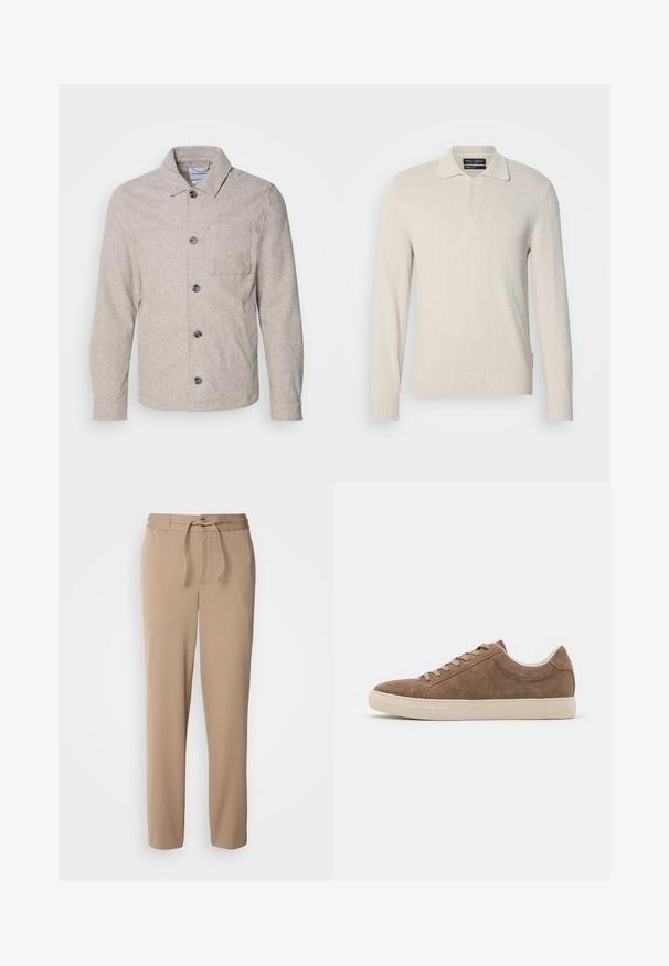 Lindbergh Chaqueta fina - dark sand melange; Suéter de polo de manga larga beige claro en un tejido de punto suave con un acabado texturizado, que cuenta con un cuello clásico y una tapeta de tres botones.; Pantalones de chándal beige hechos de algodón suave, con cintura elástica, cordón, corte ajustado y perneras rectas sin estampados.; Zapatillas casuales de ante marrón con perfil bajo, suela de goma beige plana y seis agujeros para los cordones. Punta redondeada y diseño minimalista.