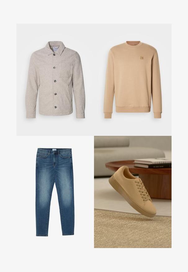 Lindbergh Let jakke / Sommerjakker - dark sand melange; Beige sweatshirt lavet af blødt bomuldsblandingsmateriale, har rund hals, lange ærmer og et lille firkantet logo-patch på venstre bryst.; Denimjeans i midtblå med en falmet vask, fem-lomme design, lige ben pasform og broderede detaljer. Knap- og lynlåslukning.; Beige snørestøvler, der svæver over et tekstureret tæppe med et træ sofabord og stablede bøger i en sløret baggrund.
