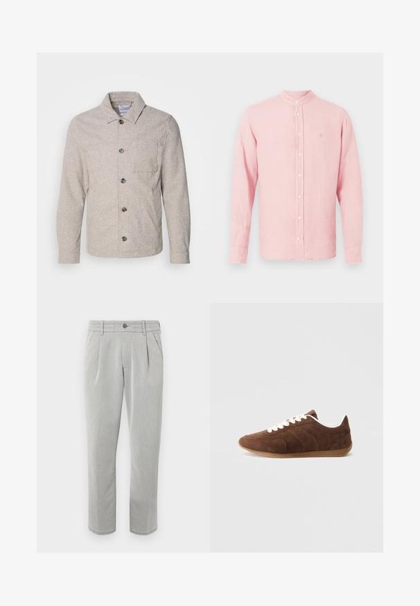 Lindbergh Chaqueta fina - dark sand melange; Camisa de manga larga, color rosa, confeccionada en una tela texturizada con cuello mao y cierre frontal de botones. Presenta un sutil logo bordado en el pecho.; Pantalones gris claro con un sutil patrón texturizado, frente con pliegues, cintura estándar con trabillas para cinturón y diseño de pierna recta.; Zapatillas de ante marrón con cordones y forro blanco, suela de perfil bajo y detalles de paneles cosidos sobre un fondo claro.